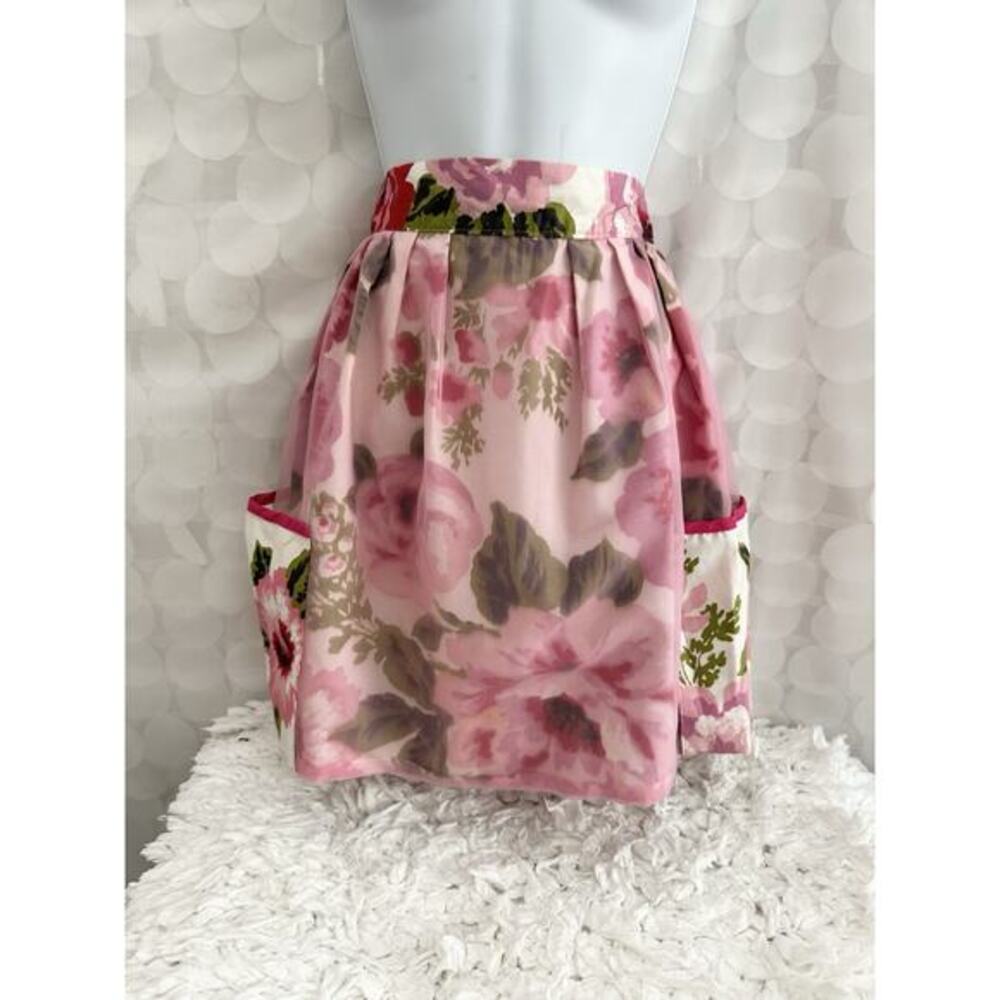 VTG HANDMADE Pink Rose Chintz Hostess Apron Chiffon Accents Reversible Country
